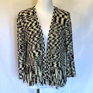 Chico's black & cream sweater fringe cardigan